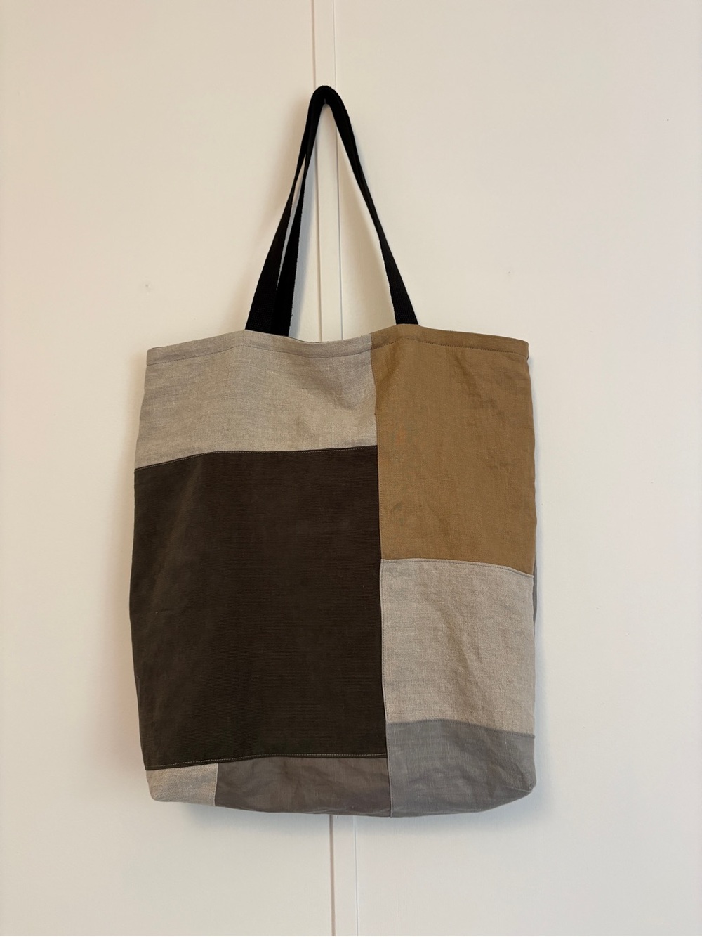 Patchwork Linen & Corduroy Tote Bag in Black, Gray, Tan